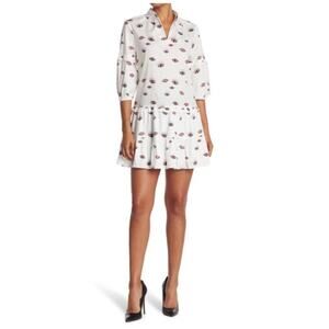 Nicole Miller White Evil Eye Tiered Poplin Drop Waist Dress Cotton Blend Sz Sm